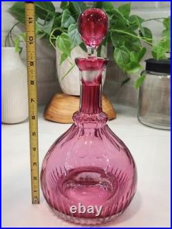Larve Vintage Cranberry Art Glass Decanter Beautiful Etching On The Bottle NICE