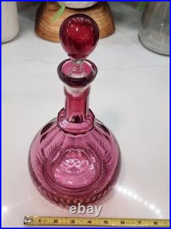 Larve Vintage Cranberry Art Glass Decanter Beautiful Etching On The Bottle NICE