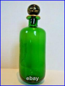 Liquor Decanter with Stopper Green Glass Gold Crest Vintage Made in France EUC