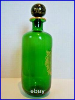 Liquor Decanter with Stopper Green Glass Gold Crest Vintage Made in France EUC