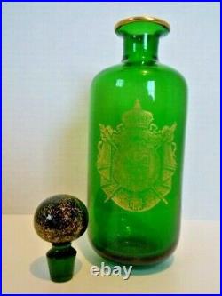 Liquor Decanter with Stopper Green Glass Gold Crest Vintage Made in France EUC
