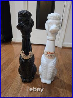 Lot 2 Vintage Antique Tall Black & White Glass Poodle Dog Wine Decanter Bottles
