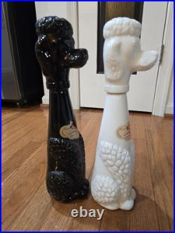 Lot 2 Vintage Antique Tall Black & White Glass Poodle Dog Wine Decanter Bottles