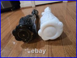 Lot 2 Vintage Antique Tall Black & White Glass Poodle Dog Wine Decanter Bottles