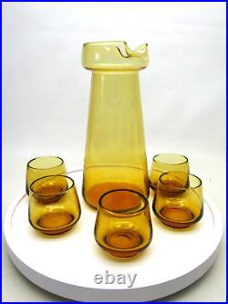 MCM Amber Glass Carafe Water Pitcher & 5 Glasses Retro Vintage Pinched Lip Spout