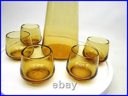 MCM Amber Glass Carafe Water Pitcher & 5 Glasses Retro Vintage Pinched Lip Spout