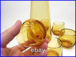 MCM Amber Glass Carafe Water Pitcher & 5 Glasses Retro Vintage Pinched Lip Spout