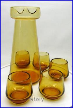 MCM Amber Glass Carafe Water Pitcher & 5 Glasses Retro Vintage Pinched Lip Spout