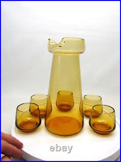 MCM Amber Glass Carafe Water Pitcher & 5 Glasses Retro Vintage Pinched Lip Spout