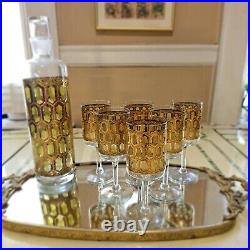 MCM Barware West Virginia Glass Decanter + 6 Glasses 22kt. Gold, Vtg Bar, Madrid