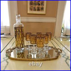 MCM Barware West Virginia Glass Decanter + 6 Glasses 22kt. Gold, Vtg Bar, Madrid