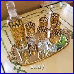 MCM Barware West Virginia Glass Decanter + 6 Glasses 22kt. Gold, Vtg Bar, Madrid