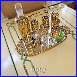 MCM Barware West Virginia Glass Decanter + 6 Glasses 22kt. Gold, Vtg Bar, Madrid