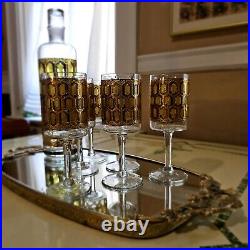 MCM Barware West Virginia Glass Decanter + 6 Glasses 22kt. Gold, Vtg Bar, Madrid