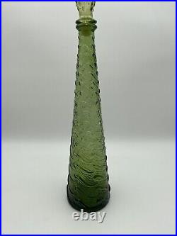 MCM Empoli Italy Olive Green Glass Decanter Waves Stopper Vintage Genie Bottle