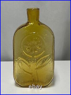 MCM Vintage 1963 Blenko Glass Amber Yellow #639 Flower Print Decanter Bottle