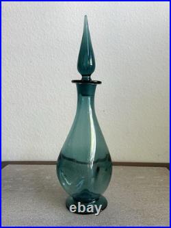 MCM Vintage Art Glass Pinched Decanter With Flame Stopper Blue Teal