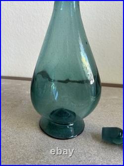 MCM Vintage Art Glass Pinched Decanter With Flame Stopper Blue Teal