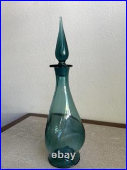 MCM Vintage Art Glass Pinched Decanter With Flame Stopper Blue Teal