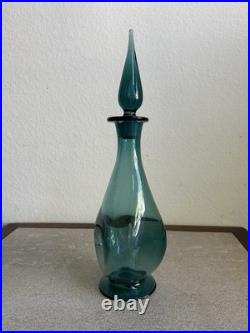 MCM Vintage Art Glass Pinched Decanter With Flame Stopper Blue Teal
