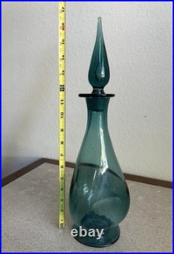 MCM Vintage Art Glass Pinched Decanter With Flame Stopper Blue Teal
