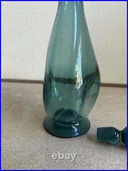 MCM Vintage Art Glass Pinched Decanter With Flame Stopper Blue Teal