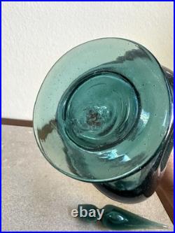 MCM Vintage Art Glass Pinched Decanter With Flame Stopper Blue Teal