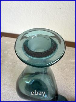 MCM Vintage Art Glass Pinched Decanter With Flame Stopper Blue Teal