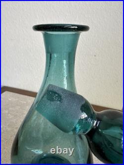 MCM Vintage Art Glass Pinched Decanter With Flame Stopper Blue Teal