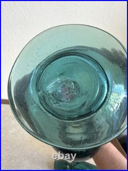 MCM Vintage Art Glass Pinched Decanter With Flame Stopper Blue Teal