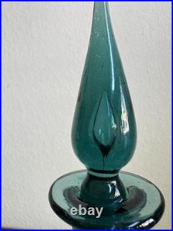 MCM Vintage Art Glass Pinched Decanter With Flame Stopper Blue Teal