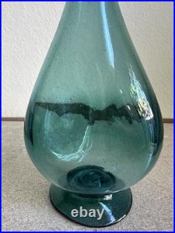 MCM Vintage Art Glass Pinched Decanter With Flame Stopper Blue Teal