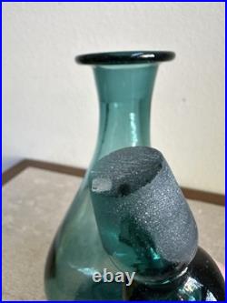 MCM Vintage Art Glass Pinched Decanter With Flame Stopper Blue Teal