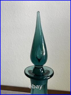 MCM Vintage Art Glass Pinched Decanter With Flame Stopper Blue Teal