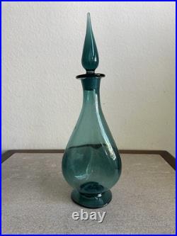MCM Vintage Art Glass Pinched Decanter With Flame Stopper Blue Teal