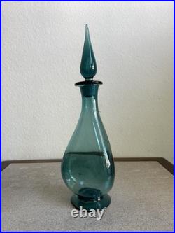 MCM Vintage Art Glass Pinched Decanter With Flame Stopper Blue Teal
