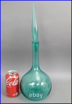 MCM Vintage Blenko Glass Decanter #627L Blue Teal Flame Top Stopper 11