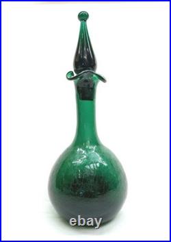 MCM Vintage Blenko Green Crackle Glass Decanter with Stopper