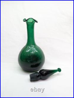 MCM Vintage Blenko Green Crackle Glass Decanter with Stopper