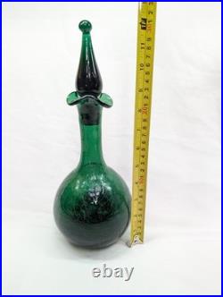 MCM Vintage Blenko Green Crackle Glass Decanter with Stopper
