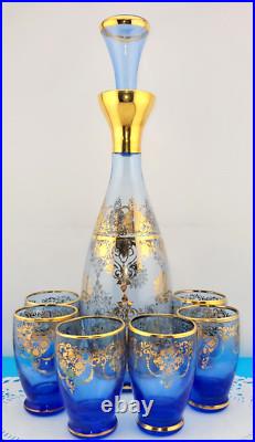 MCM Vintage Blue Murano Venetian Glass 24k Gold Trim Decanter &6 Glasses Set