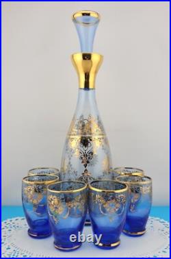 MCM Vintage Blue Murano Venetian Glass 24k Gold Trim Decanter &6 Glasses Set