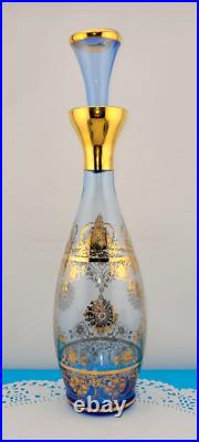 MCM Vintage Blue Murano Venetian Glass 24k Gold Trim Decanter &6 Glasses Set