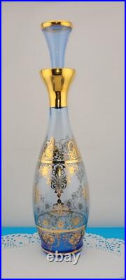 MCM Vintage Blue Murano Venetian Glass 24k Gold Trim Decanter &6 Glasses Set