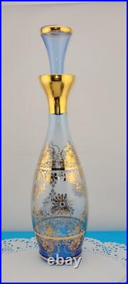 MCM Vintage Blue Murano Venetian Glass 24k Gold Trim Decanter &6 Glasses Set