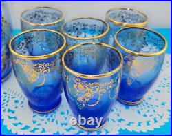 MCM Vintage Blue Murano Venetian Glass 24k Gold Trim Decanter &6 Glasses Set