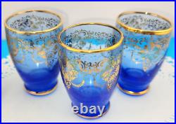 MCM Vintage Blue Murano Venetian Glass 24k Gold Trim Decanter &6 Glasses Set