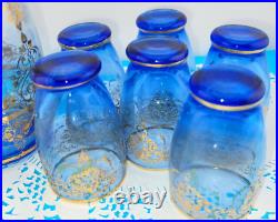 MCM Vintage Blue Murano Venetian Glass 24k Gold Trim Decanter &6 Glasses Set