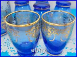 MCM Vintage Blue Murano Venetian Glass 24k Gold Trim Decanter &6 Glasses Set