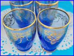 MCM Vintage Blue Murano Venetian Glass 24k Gold Trim Decanter &6 Glasses Set